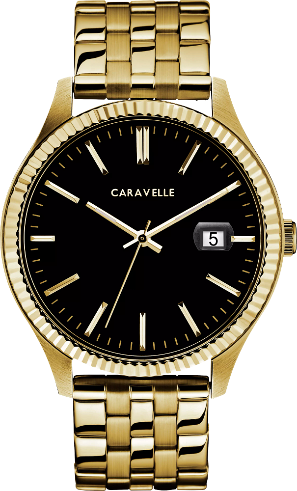Bulova Mens Caravelle Dress Gold-Tone Stainless Steel Case, Gold-Tone Stainless Steel Bracelet, Black Dial, WR 30M