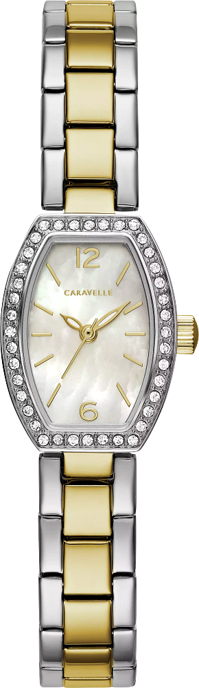 Bulova Ladies Caravelle Dress Two-Tone Stainless Steel Case, Two-Tone Stainless Steel Bracelet, White Mother of Pearl Dial, WR 30M