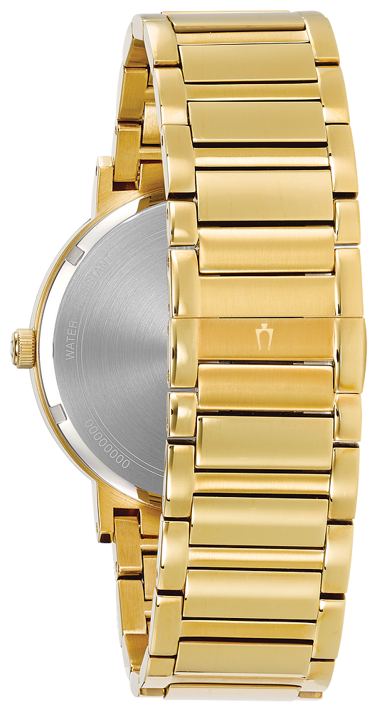 Bulova Mens Futuro Gold-Tone Stainless Steel Case, Gold-Tone Stainless Steel Bracelet, Black Dial, WR 30M
