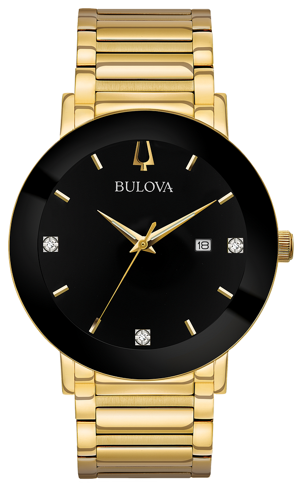 Bulova Mens Futuro Gold-Tone Stainless Steel Case, Gold-Tone Stainless Steel Bracelet, Black Dial, WR 30M