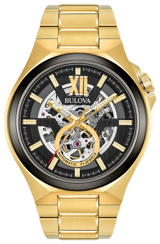 Bulova Mens Automatic Maquina Gold-Tone Stainless Steel Case, Gold-Tone Stainless Steel Bracelet, Black Dial, WR 100M