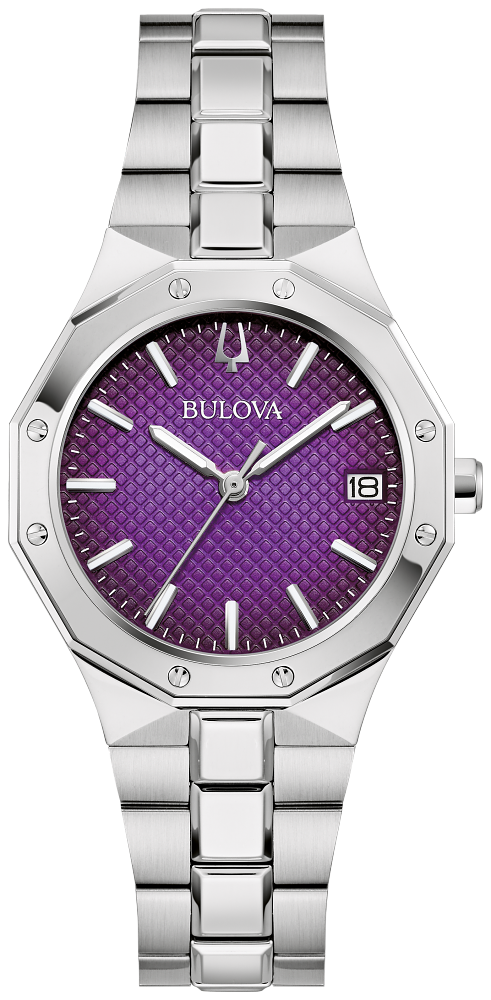 Bulova Ladies Prestige Silver-Tone Stainless Steel Case, Silver-Tone Stainless Steel Bracelet, Purple Dial, WR 100M