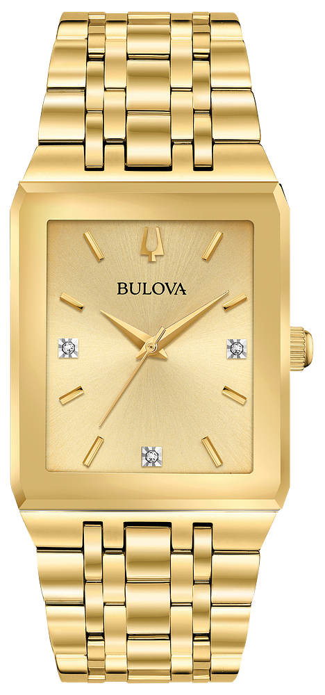 Bulova Mens Quadra Gold-Tone Stainless Steel Case, Gold-Tone Stainless Steel Bracelet, Champagne Dial, WR 30M
