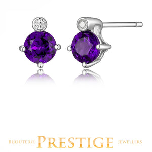 ELLE "BIRTHSTONE" FEB RHODIUM PLATED GENUINE 5MM ROUND AMETHYST & TWO-1PT LAB GROWN DIAMOND(F/C H-I/I1)STUD EARRING