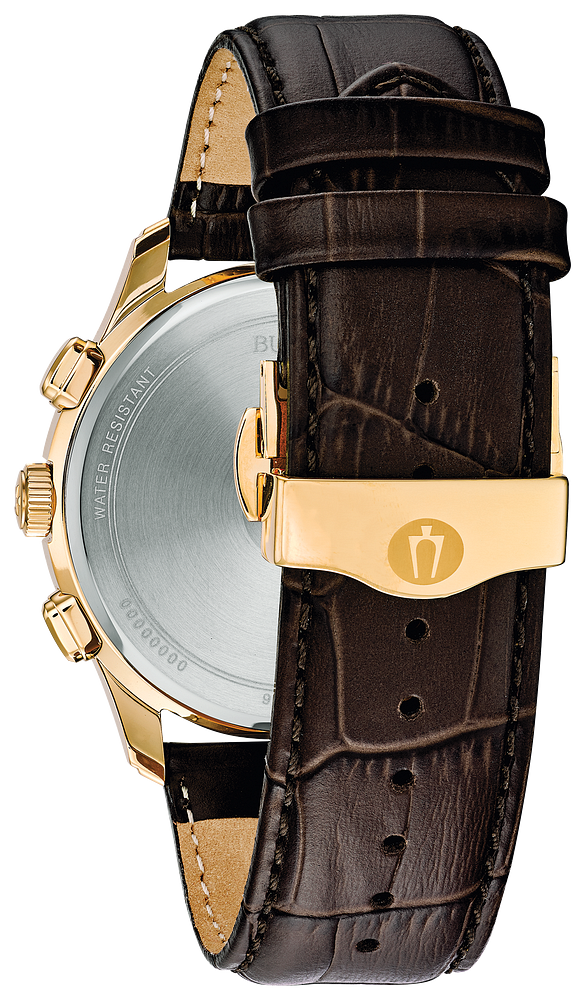 Bulova Mens Wilton Gold-Tone Stainless Steel Case, Brown Leather Strap, Silver-White Dial, WR 30M