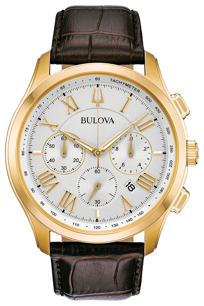 Bulova Mens Wilton Gold-Tone Stainless Steel Case, Brown Leather Strap, Silver-White Dial, WR 30M
