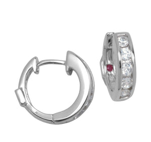 Sterling Silver Rhodium Plated Channel Set Cubic Zirconia 14mm Hoop Earring