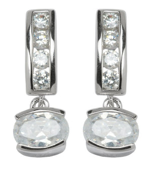 Sterling Silver Rhodium Plated Oval Drop Cubic Zirconia Earring.  Stone size: 7x5(mm)